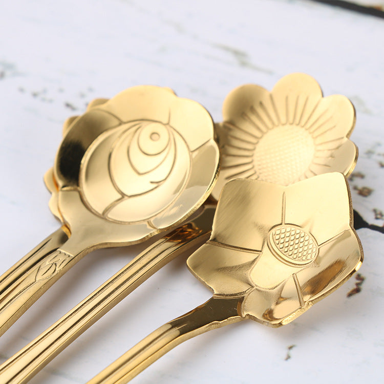 4Pcs Cute Stainless Steel Flower Teaspoon Dessert Coffee Spoon Golden Sakura Rose