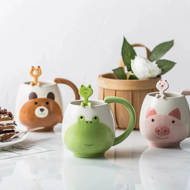Cartoon Coffee Mug Hand-painted Lovely Panda Frog Cat Fox Pig Ceramic Cup Couples Children's Drinking Teacup Include Teaspoon