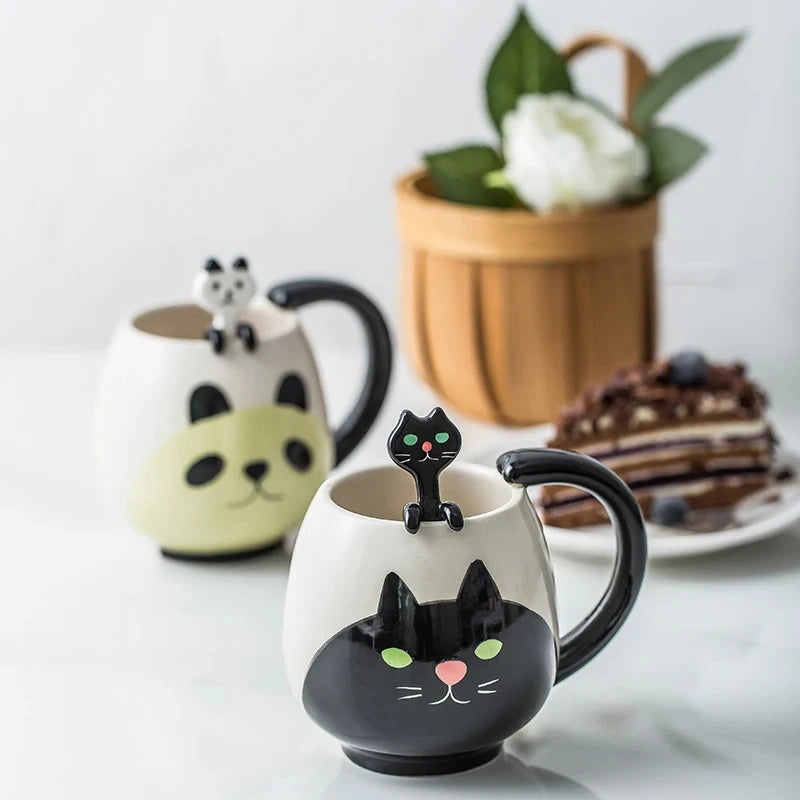 Cartoon Coffee Mug Hand-painted Lovely Panda Frog Cat Fox Pig Ceramic Cup Couples Children's Drinking Teacup Include Teaspoon