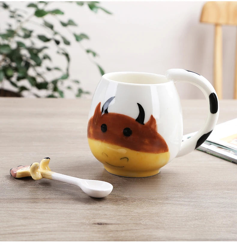 Cartoon Coffee Mug Hand-painted Lovely Panda Frog Cat Fox Pig Ceramic Cup Couples Children's Drinking Teacup Include Teaspoon