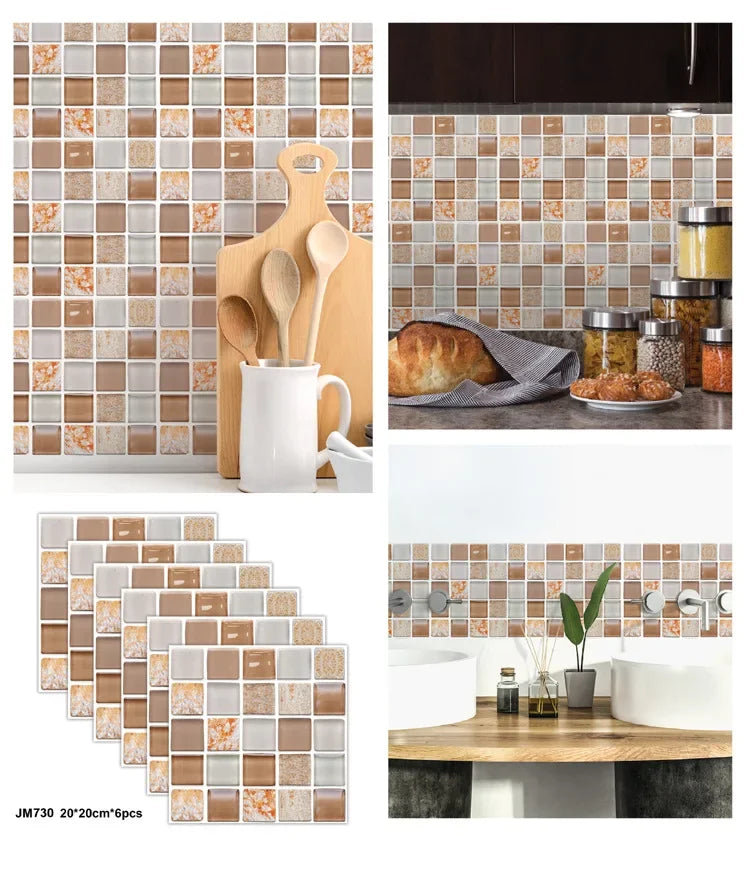 6PCS 3D Tile Stickers Waterproof Self-Adhesive Wall Decals Kitchen Bathroom Remodeling Insulated Wall Panels