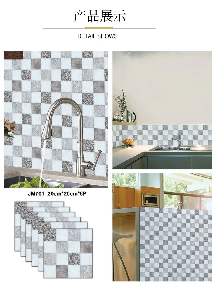 6PCS 3D Tile Stickers Waterproof Self-Adhesive Wall Decals Kitchen Bathroom Remodeling Insulated Wall Panels