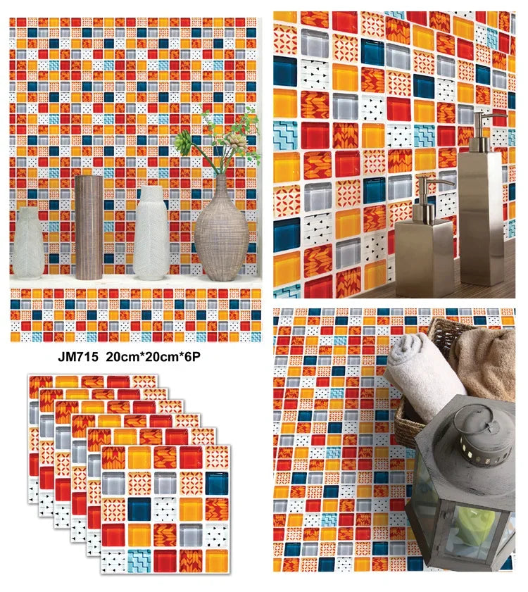 6PCS 3D Tile Stickers Waterproof Self-Adhesive Wall Decals Kitchen Bathroom Remodeling Insulated Wall Panels