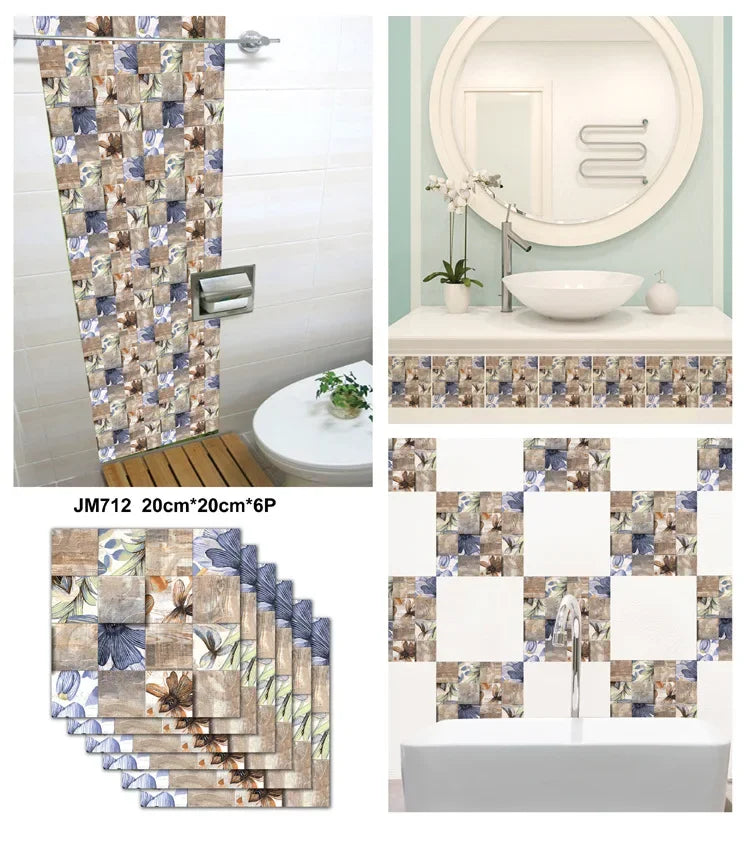 6PCS 3D Tile Stickers Waterproof Self-Adhesive Wall Decals Kitchen Bathroom Remodeling Insulated Wall Panels