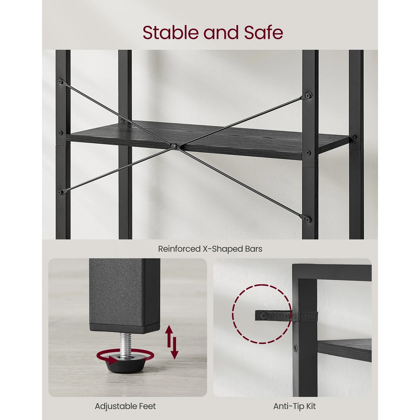 VASAGLE Bookcase, Bookshelf 5 Tier, Standing Display Storage Rack with Steel Frame, for Living Room, Office, Study