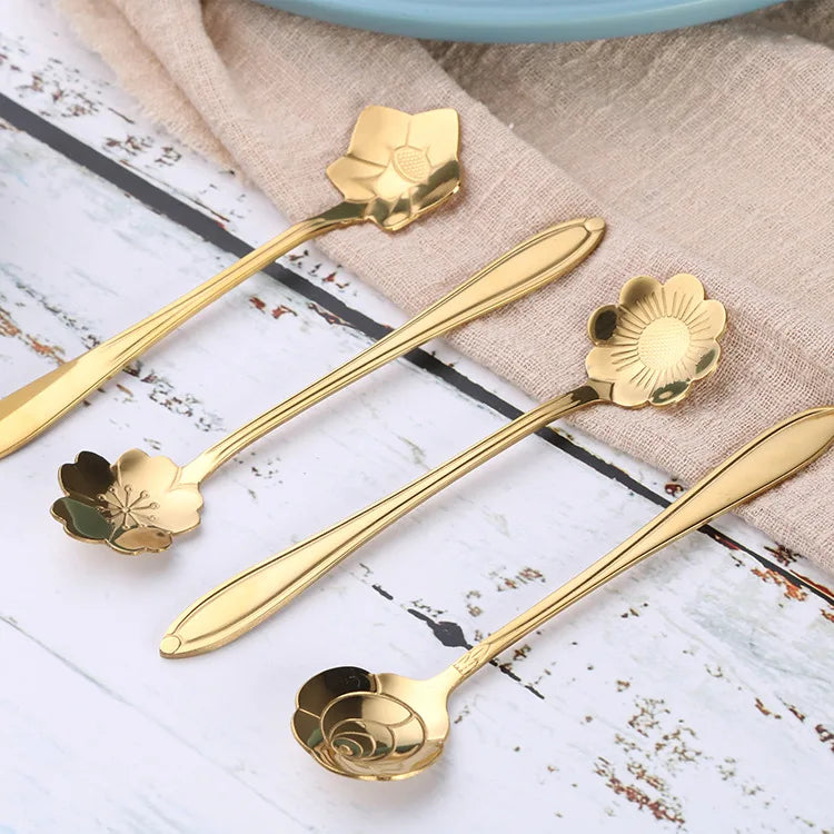 4Pcs Cute Stainless Steel Flower Teaspoon Dessert Coffee Spoon Golden Sakura Rose
