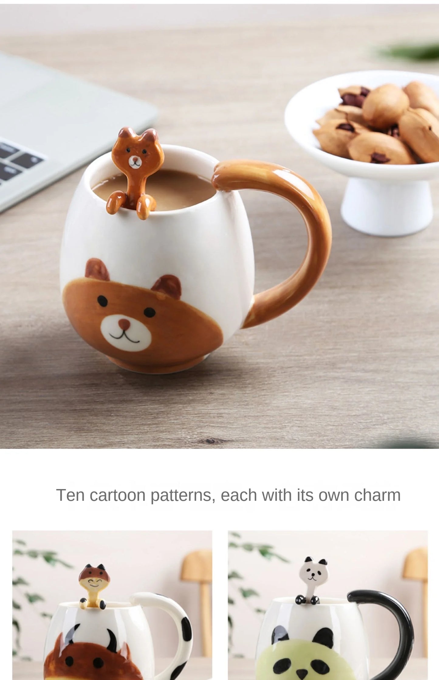 Cartoon Coffee Mug Hand-painted Lovely Panda Frog Cat Fox Pig Ceramic Cup Couples Children's Drinking Teacup Include Teaspoon