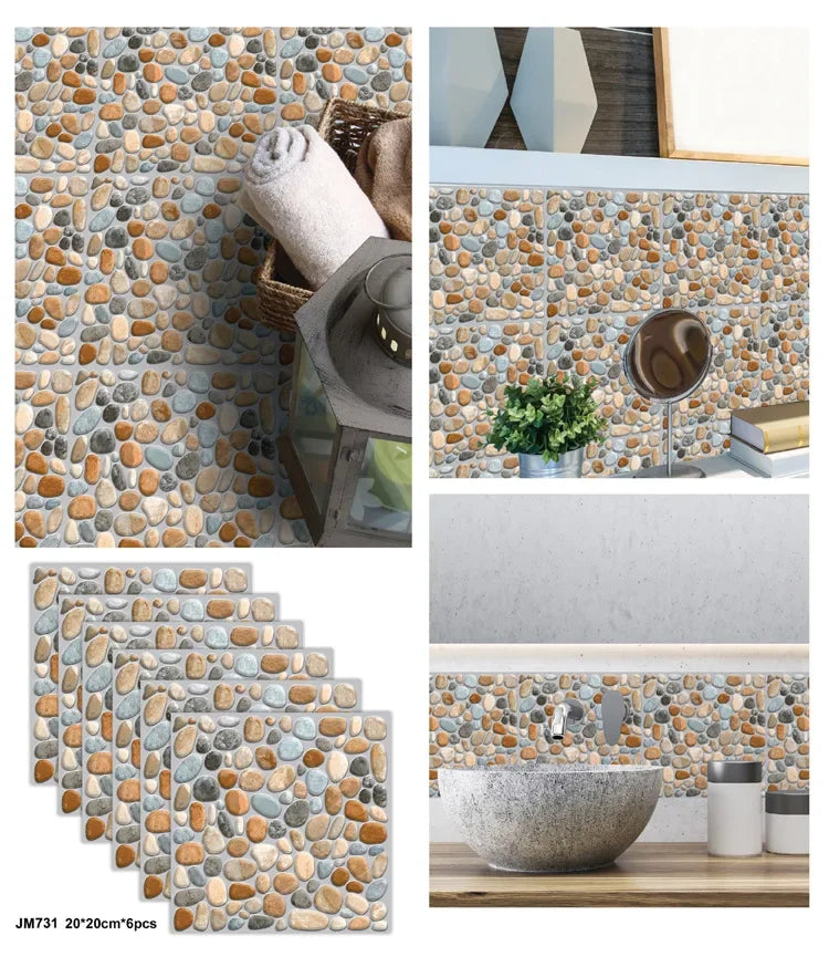 6PCS 3D Tile Stickers Waterproof Self-Adhesive Wall Decals Kitchen Bathroom Remodeling Insulated Wall Panels