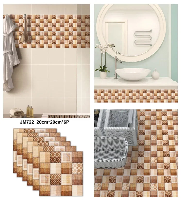 6PCS 3D Tile Stickers Waterproof Self-Adhesive Wall Decals Kitchen Bathroom Remodeling Insulated Wall Panels