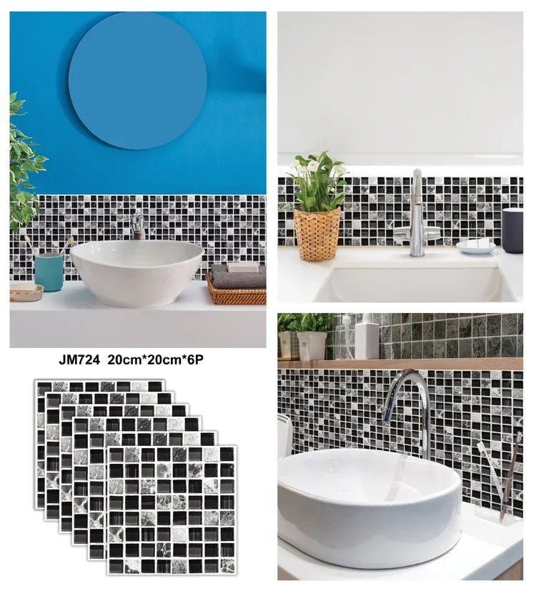 6PCS 3D Tile Stickers Waterproof Self-Adhesive Wall Decals Kitchen Bathroom Remodeling Insulated Wall Panels