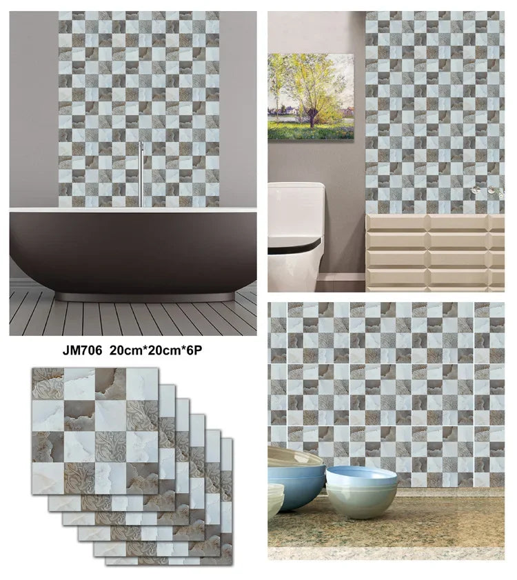 6PCS 3D Tile Stickers Waterproof Self-Adhesive Wall Decals Kitchen Bathroom Remodeling Insulated Wall Panels