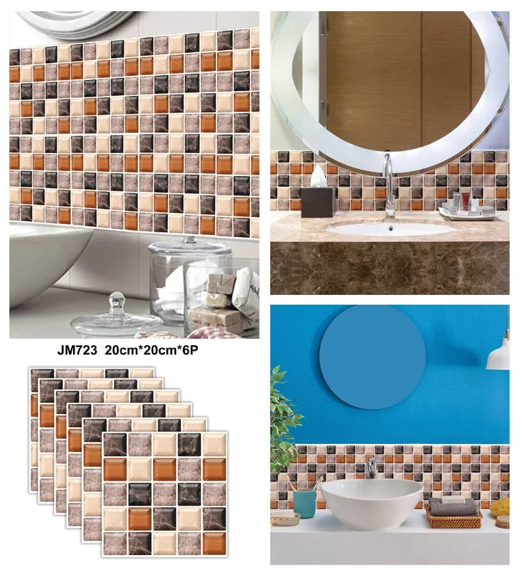 6PCS 3D Tile Stickers Waterproof Self-Adhesive Wall Decals Kitchen Bathroom Remodeling Insulated Wall Panels