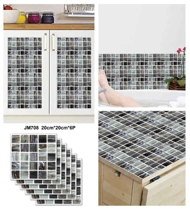 6PCS 3D Tile Stickers Waterproof Self-Adhesive Wall Decals Kitchen Bathroom Remodeling Insulated Wall Panels