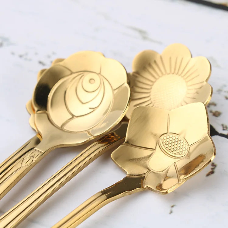 4Pcs Cute Stainless Steel Flower Teaspoon Dessert Coffee Spoon Golden Sakura Rose