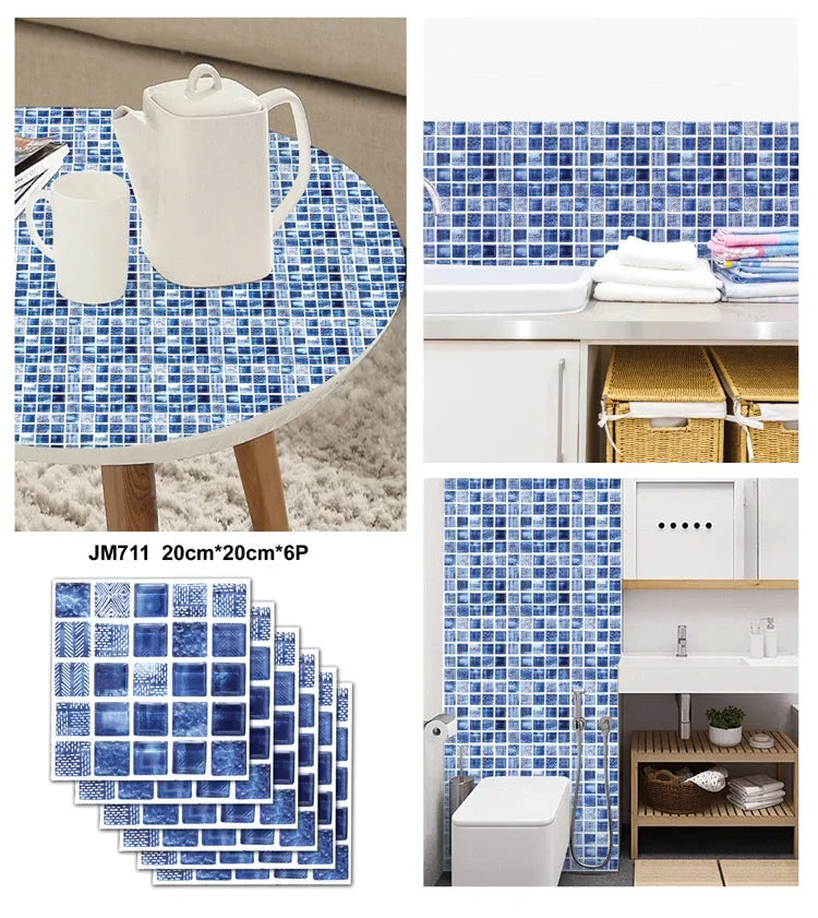 6PCS 3D Tile Stickers Waterproof Self-Adhesive Wall Decals Kitchen Bathroom Remodeling Insulated Wall Panels