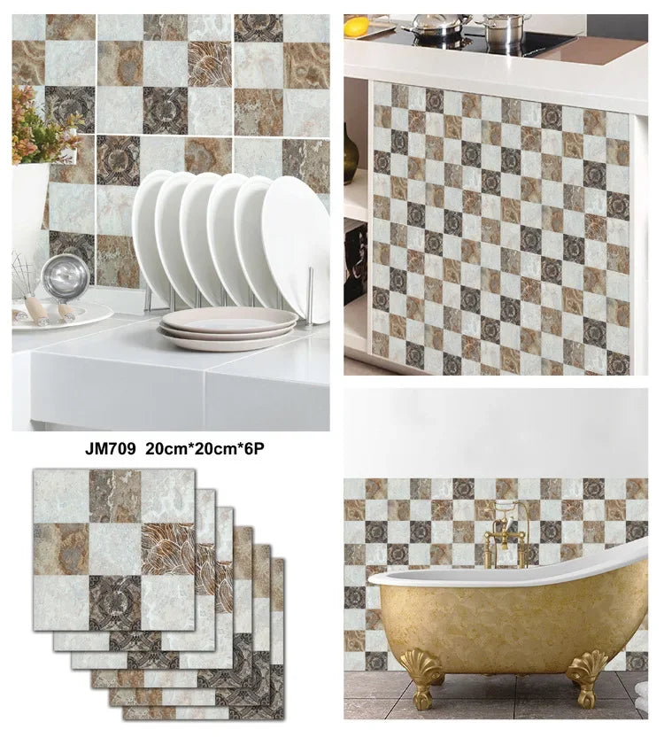 6PCS 3D Tile Stickers Waterproof Self-Adhesive Wall Decals Kitchen Bathroom Remodeling Insulated Wall Panels