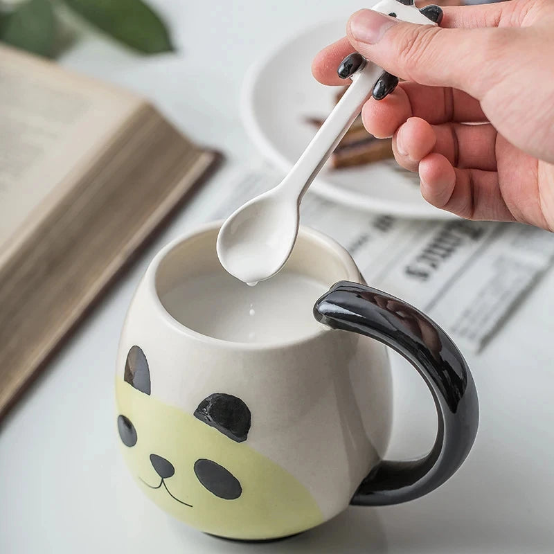 Cartoon Coffee Mug Hand-painted Lovely Panda Frog Cat Fox Pig Ceramic Cup Couples Children's Drinking Teacup Include Teaspoon