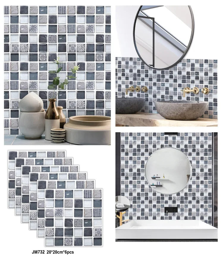 6PCS 3D Tile Stickers Waterproof Self-Adhesive Wall Decals Kitchen Bathroom Remodeling Insulated Wall Panels