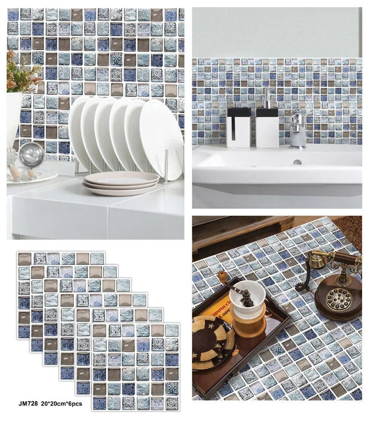 6PCS 3D Tile Stickers Waterproof Self-Adhesive Wall Decals Kitchen Bathroom Remodeling Insulated Wall Panels