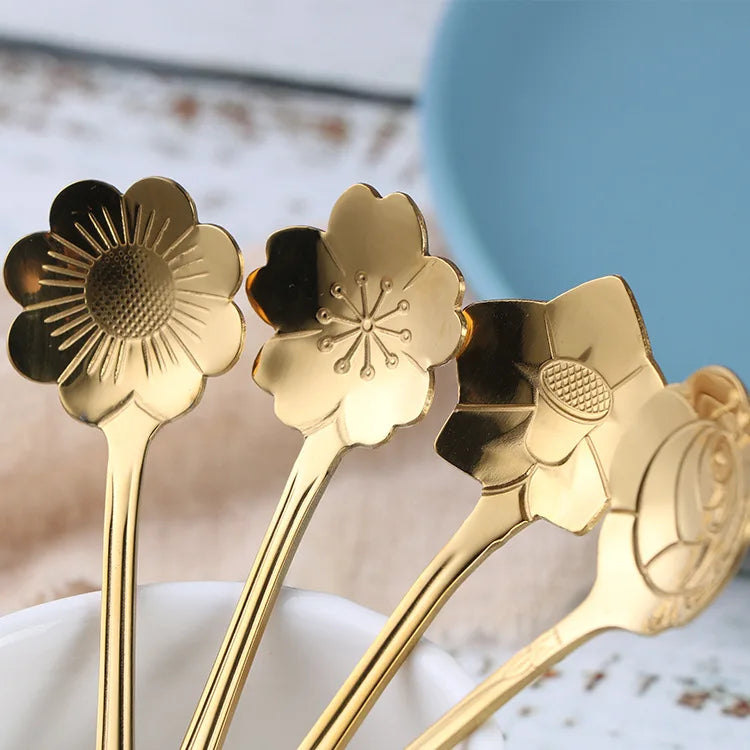 4Pcs Cute Stainless Steel Flower Teaspoon Dessert Coffee Spoon Golden Sakura Rose