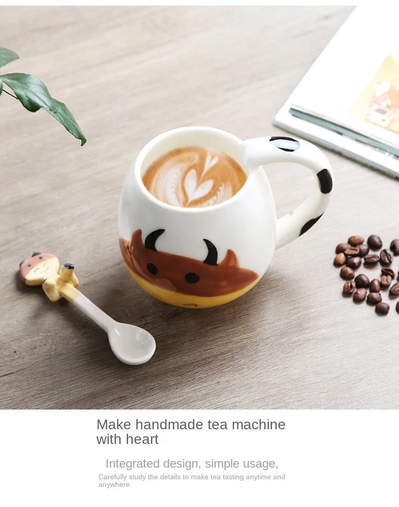 Cartoon Coffee Mug Hand-painted Lovely Panda Frog Cat Fox Pig Ceramic Cup Couples Children's Drinking Teacup Include Teaspoon