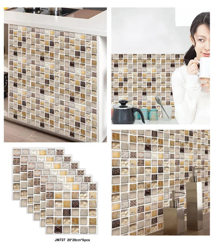 6PCS 3D Tile Stickers Waterproof Self-Adhesive Wall Decals Kitchen Bathroom Remodeling Insulated Wall Panels