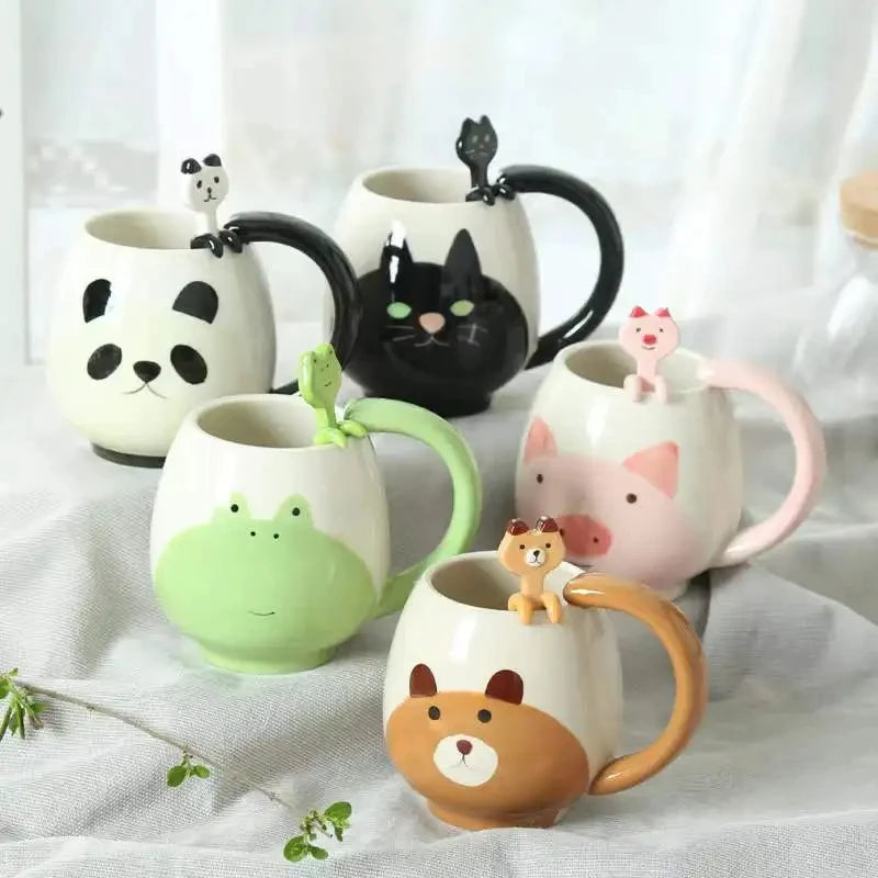 Cartoon Coffee Mug Hand-painted Lovely Panda Frog Cat Fox Pig Ceramic Cup Couples Children's Drinking Teacup Include Teaspoon