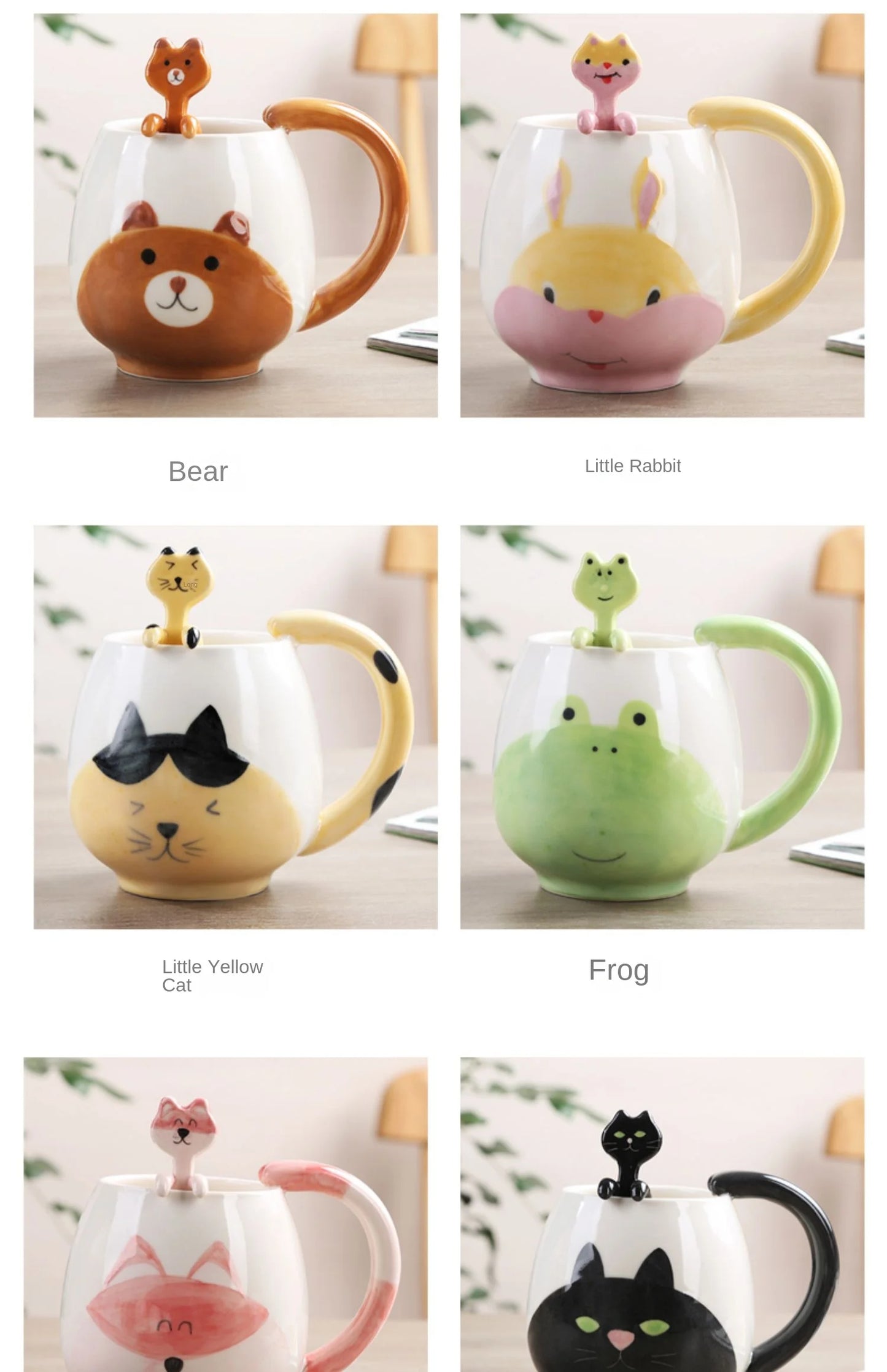 Cartoon Coffee Mug Hand-painted Lovely Panda Frog Cat Fox Pig Ceramic Cup Couples Children's Drinking Teacup Include Teaspoon