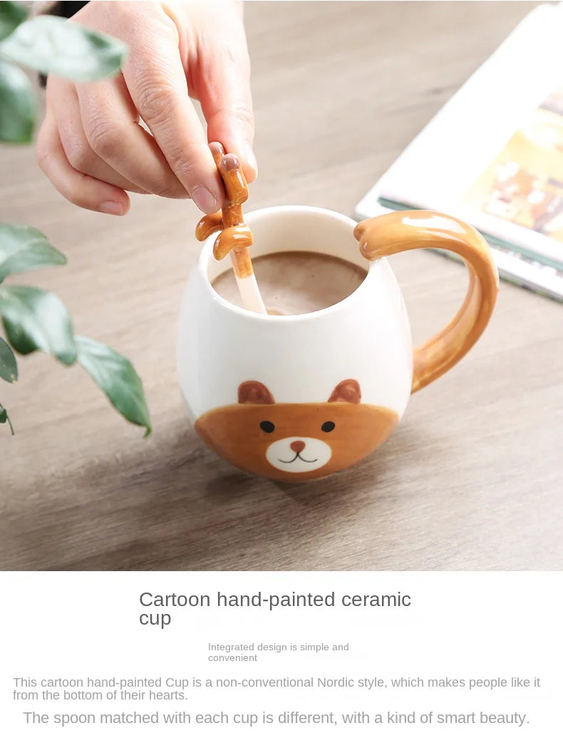 Cartoon Coffee Mug Hand-painted Lovely Panda Frog Cat Fox Pig Ceramic Cup Couples Children's Drinking Teacup Include Teaspoon