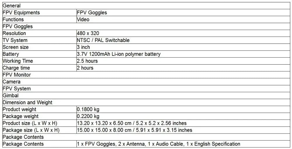 FPV VR Goggles 3 inch 480*320 FPV Display 5.8G 40CH Auto-Search Build-in 3.7V 1200mAh Battery For FPV Quadcopter Drone