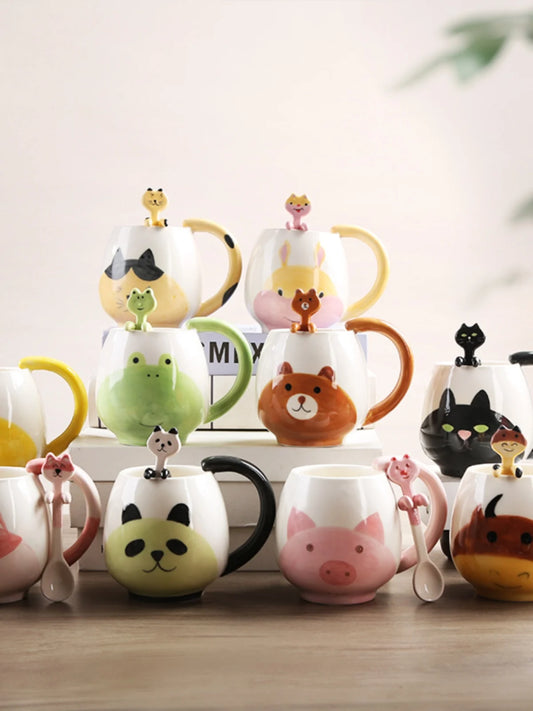 Cartoon Coffee Mug Hand-painted Lovely Panda Frog Cat Fox Pig Ceramic Cup Couples Children's Drinking Teacup Include Teaspoon